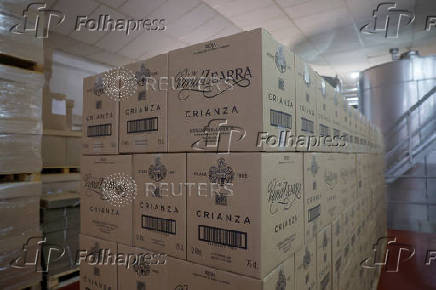 Boxes of Crianza red wine prepared for export at the Petrolanda winery, Fuenmayor, Rioja region