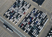 Drone view of new cars parked in the port of Zeebrugge