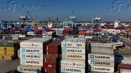 A drone view of shipping containers at Dublin Port, in Dublin