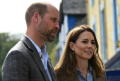 Britain's Prince William, Prince of Wales and Britain's Catherine, Princess of Wales arrive to visit to Aros Hall community hub in Tobermory