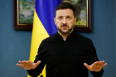 FILE PHOTO: Ukraine's President Zelenskiy speaks during a press briefing, in Kyiv