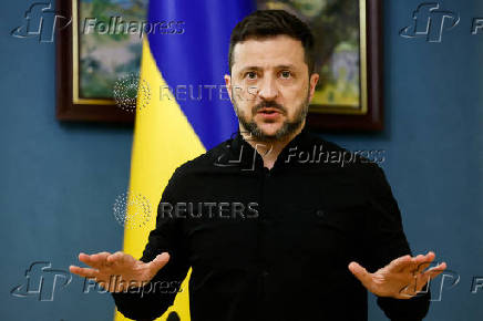 FILE PHOTO: Ukraine's President Zelenskiy speaks during a press briefing, in Kyiv