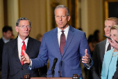 U.S. Senate Majority Leader John Thune talks to reporters on Capitol Hill