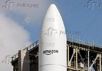 A United Launch Alliance Atlas V rocket is shown on its launch pad carrying Amazon's Project Kuiper internet network satellites as the vehicle is prepared for launch