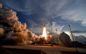 A United Launch Alliance Atlas V rocket lifts off carrying Amazon's Project Kuiper internet network satellites from the Cape Canaveral Space Force Station