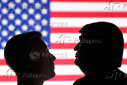 FILE PHOTO: Illustration shows U.S. flag, and 3D printed miniatures of U.S. President Donald Trump and Elon Musk