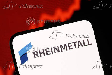 Illustration shows Rheinmetall logo and rising stock graph