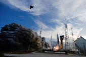 A United Launch Alliance Atlas V rocket lifts off carrying Amazon's Project Kuiper internet network satellites from the Cape Canaveral Space Force Station