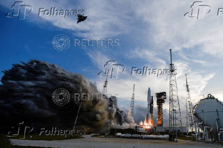 A United Launch Alliance Atlas V rocket lifts off carrying Amazon's Project Kuiper internet network satellites from the Cape Canaveral Space Force Station