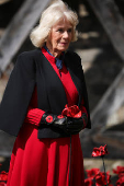 Britain's Queen Camilla views an installation of 30,000 ceramic poppies commemorating the 80th anniversary of Victory in Europe (VE) Day in London