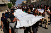 Funeral of Palestinians killed overnight in Israeli attacks, in Khan Younis
