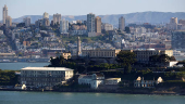 Aerial view of Alcatraz Prison in San Francisco Bay