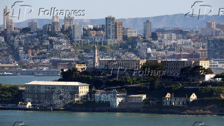 Aerial view of Alcatraz Prison in San Francisco Bay