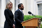 U.S. Attorney General Pam Bondi and FBI Director Kash Patel make an announcement at a press conference in Washington, D.C.