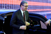 Serbian President Aleksandar Vucic arrives for a meeting with Russian President Vladimir Putin at the Kremlin