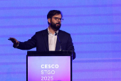 Chilean President Gabriel Boric delivers a speech at the annual CESCO Week 2025 dinner
