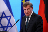 German Foreign Minister Johann Wadephul and Israeli Foreign Minister Gideon Saar attend a press conference in Berlin