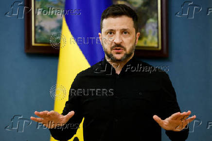FILE PHOTO: Ukraine's President Zelenskiy speaks during a press briefing, in Kyiv
