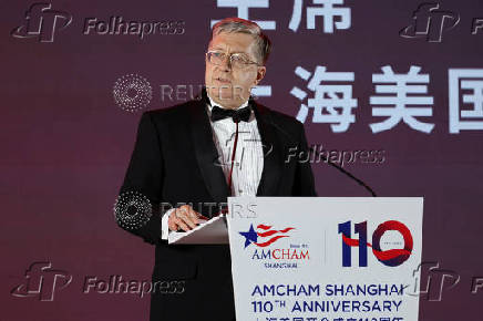 Jeffrey Lehman, Chair of American Chamber of Commerce in Shanghai (AmCham Shanghai), speaks during its annual gala