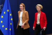 EU's Ursula von der Leyen and Kaja Kallas hold a press point on 18th package of sanctions against Russia