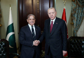 Turkey?s President Erdogan shakes hands with Pakistan's PM Sharif before their meeting in Istanbul