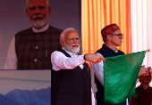 Prime Minister Narendra Modi flags off the Vande Bharat Express to inaugurate the Katra-Srinagar train services, at Katra