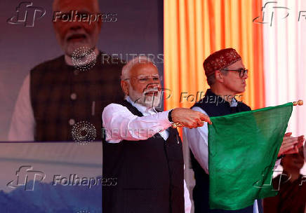 Prime Minister Narendra Modi flags off the Vande Bharat Express to inaugurate the Katra-Srinagar train services, at Katra