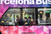 Network of cities affected by tourism in southern Europe stage protest against mass tourism at La Sagrada Familia Basilica in Barcelona