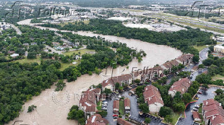 A drone view shows the swollen San Gabriel river, in Georgetown