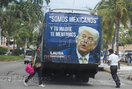 Bus displays anti-Trump message in protest of U.S. immigration policies, in Acapulco