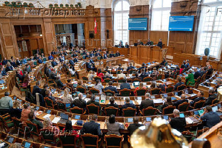 General view before a vote during a meeting in the Folketingsalen at Christiansborg in Copenhagen