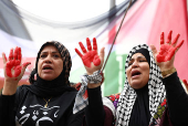 Pro-Palestinian protesters gather outside the foreign ministry, in Berlin