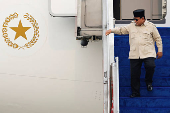 Indonesian President Prabowo Subianto speaks at the military airbase Halim Perdanakusuma in Jakarta