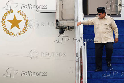 Indonesian President Prabowo Subianto speaks at the military airbase Halim Perdanakusuma in Jakarta