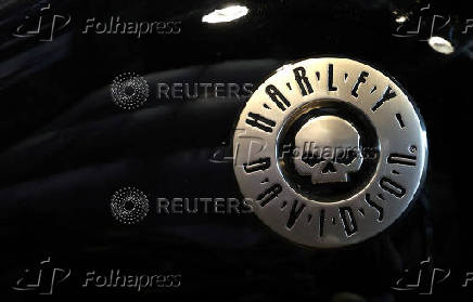The logo of Harley-Davidson is seen on a bike at an Harley-Davidson motorcycles dealership near Brussels