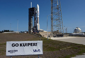 A United Launch Alliance Atlas V rocket is shown on its launch pad carrying Amazon's Project Kuiper internet network satellites as the vehicle is prepared for launch