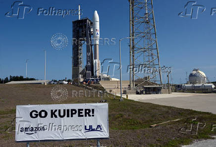 A United Launch Alliance Atlas V rocket is shown on its launch pad carrying Amazon's Project Kuiper internet network satellites as the vehicle is prepared for launch