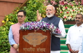 Indian Prime Minister Narendra Modi addresses the media ahead of Parliament monsoon session in New Delhi