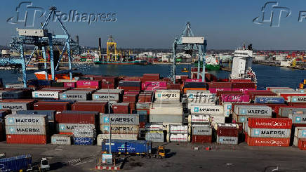 A drone view of shipping containers at Dublin Port, in Dublin