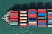 A drone view shows a cargo ship at Kwai Tsing Container Terminals in Hong Kong