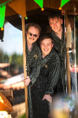 Members of the band KAJ pose in the sauna of the BastutiBasel fan project in Basel