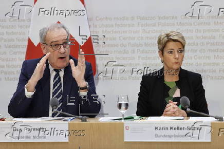 Swiss Federal President addresses press conference on Trump's tariffs in Bern