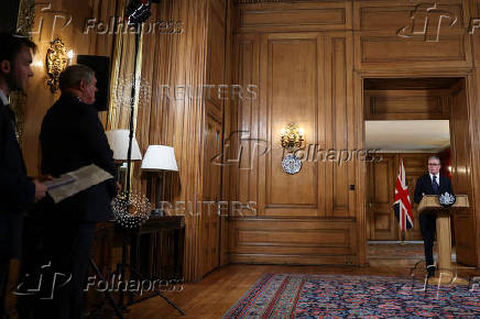 Britain's PM Starmer delivers statement inside No. 10 Downing Street, in London