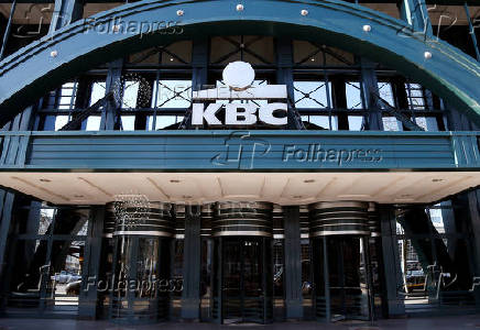 FILE PHOTO: The logo of Belgian financial group KBC is pictured at the entrance of the company's headquarters in Brussels