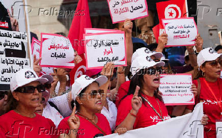 Supporters of the Free Constitutional Party gather on National Women's Day demanding the release of the party's detained leader, Abir Moussi, in Tunis