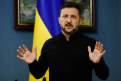 Ukraine's President Zelenskiy speaks during a press briefing, in Kyiv