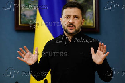 Ukraine's President Zelenskiy speaks during a press briefing, in Kyiv