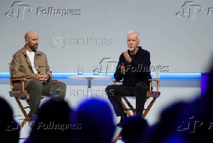Meta Chief Technology Officer Andrew Bosworth sits next to film director James Cameron during the Meta Connect event in Menlo Park