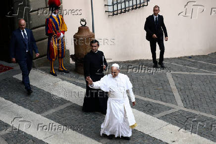 Pope Leo XIV leads the Angelus prayer in Castel Gandolfo