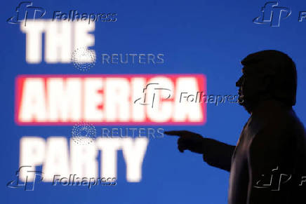 Illustration shows 3D printed miniature depicting U.S. President Donald Trump and words 